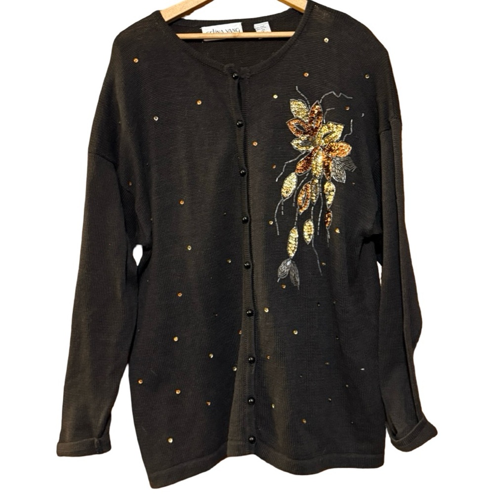 Black Cardigan with Gold Floral Embellishment